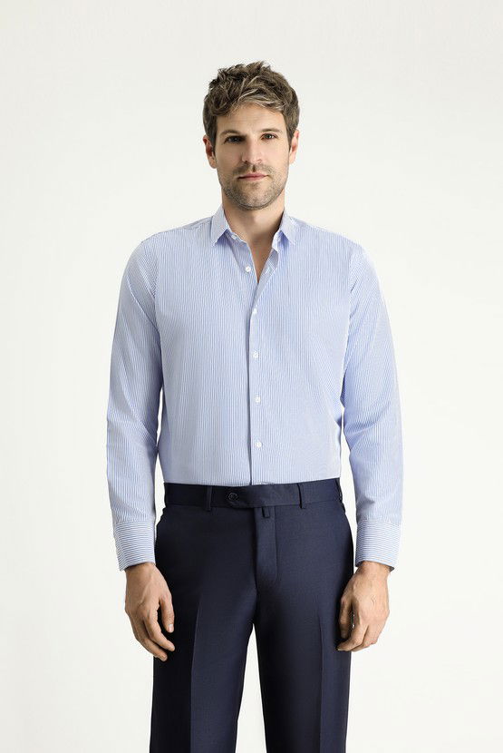 Erkek Giyim - Uzun Kol Slim Fit Dar Kesim Çizgili Pamuklu Kolay Ütülenebilir Gömlek