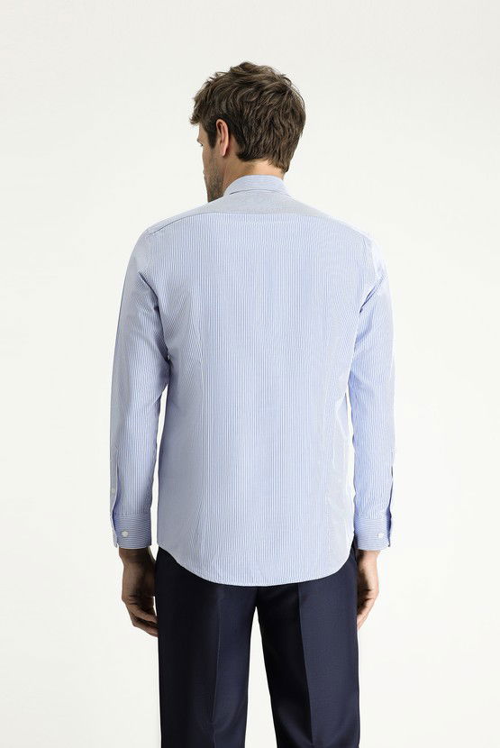 Erkek Giyim - Uzun Kol Slim Fit Dar Kesim Çizgili Pamuklu Kolay Ütülenebilir Gömlek