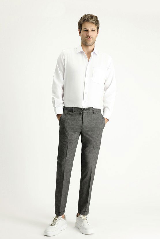 Erkek Giyim - Slim Fit Dar Kesim Likralı Beli Lastikli İpli Klasik Kumaş Pantolon