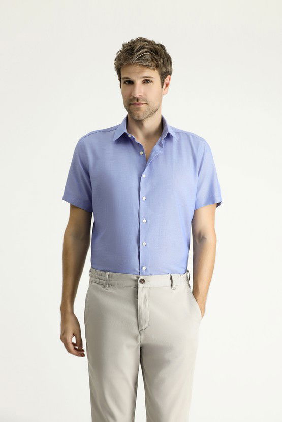 Erkek Giyim - Kısa Kol Slim Fit Dar Kesim Desenli Pamuklu Kolay Ütülenebilir Gömlek