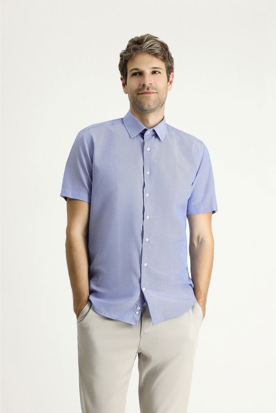 Erkek Giyim - Kısa Kol Slim Fit Dar Kesim Desenli Pamuklu Kolay Ütülenebilir Gömlek