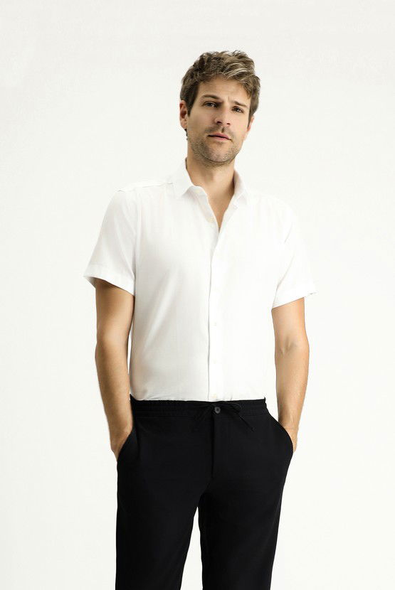 Erkek Giyim - Kısa Kol Slim Fit Dar Kesim Desenli Pamuk Gömlek