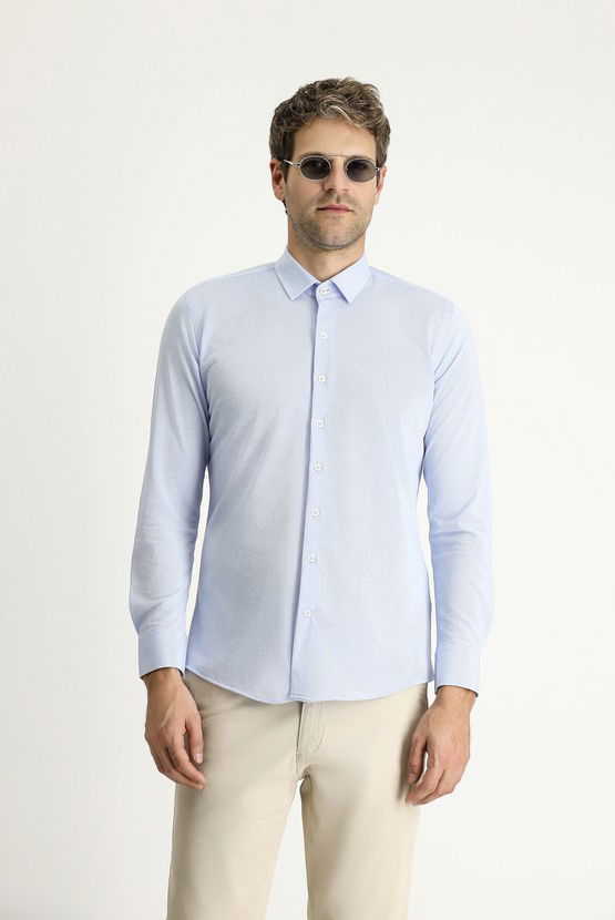 Erkek Giyim - Uzun Kol Slim Fit Dar Kesim Spor Örme Pamuklu Kolay Ütülenebilir Gömlek