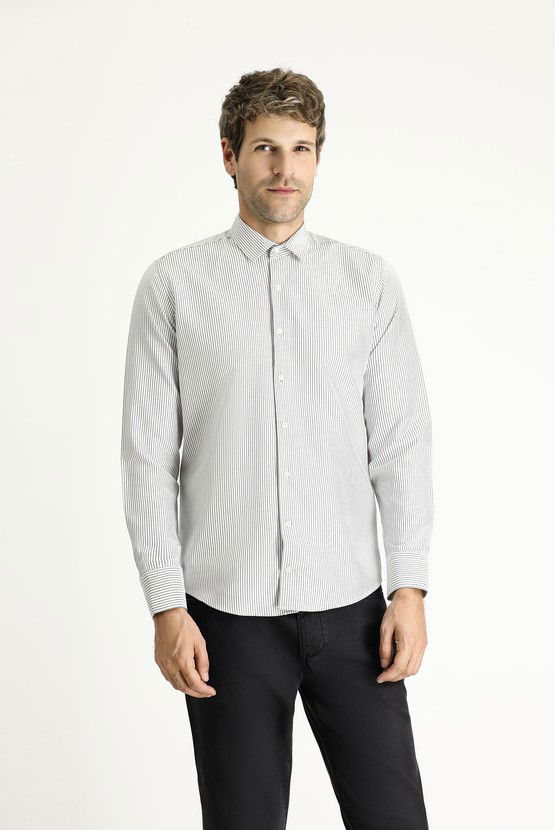 Erkek Giyim - Uzun Kol Slim Fit Dar Kesim Çizgili Pamuklu Kolay Ütülenebilir Gömlek