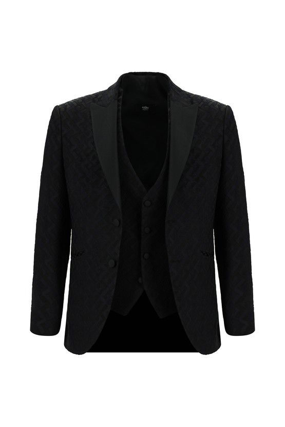 Erkek Giyim - Slim Fit Dar Kesim Sivri Yaka Desenli Yelekli Smokin & Damatlık