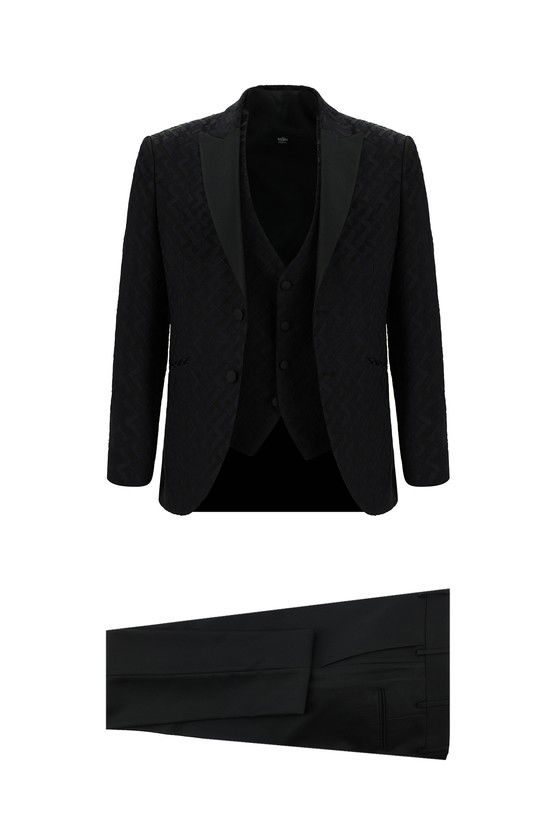 Erkek Giyim - Slim Fit Dar Kesim Sivri Yaka Desenli Yelekli Smokin & Damatlık