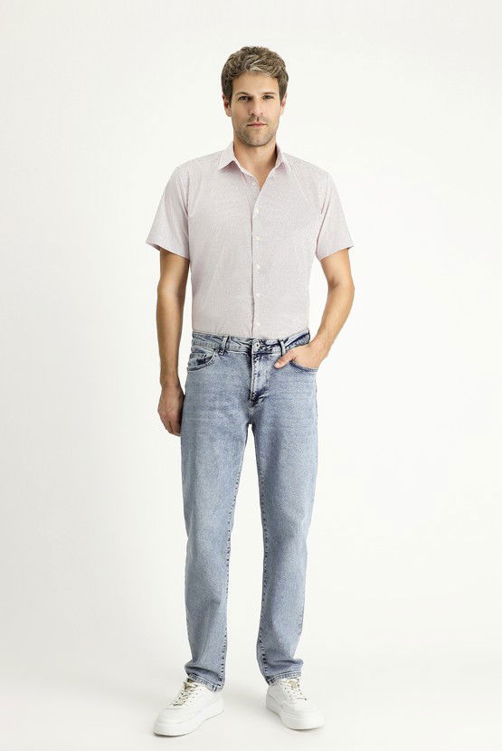 Erkek Giyim - Kısa Kol Slim Fit Dar Kesim Baskılı Pamuk Gömlek