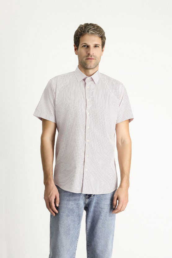 Erkek Giyim - Kısa Kol Slim Fit Dar Kesim Baskılı Pamuk Gömlek