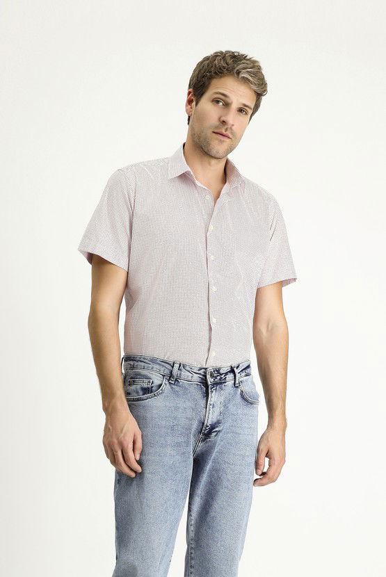 Erkek Giyim - Kısa Kol Slim Fit Dar Kesim Baskılı Pamuk Gömlek