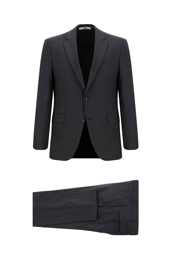 Erkek Giyim - Slim Fit Dar Kesim Yünlü Çizgili Klasik Takım Elbise