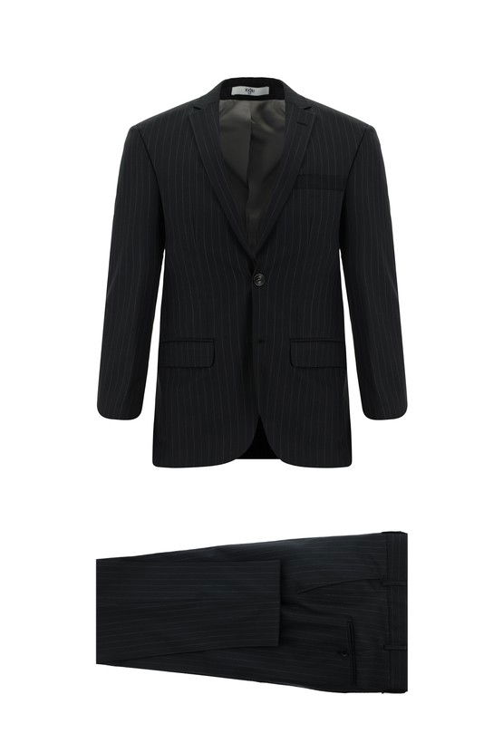 Erkek Giyim - Super Slim Fit Ekstra Dar Kesim Yünlü Klasik Çizgili Takım Elbise