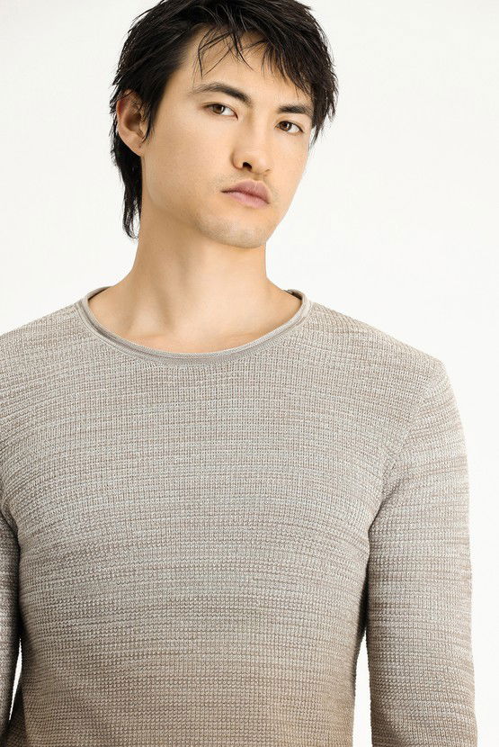 Erkek Giyim - Bisiklet Yaka Slim Fit Dar Kesim Desenli Pamuklu Triko Kazak