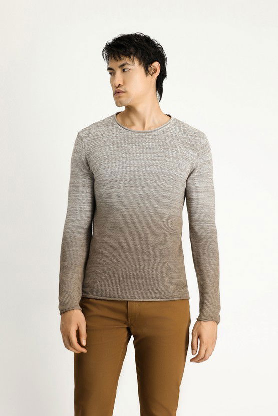 Erkek Giyim - Bisiklet Yaka Slim Fit Dar Kesim Desenli Pamuklu Triko Kazak