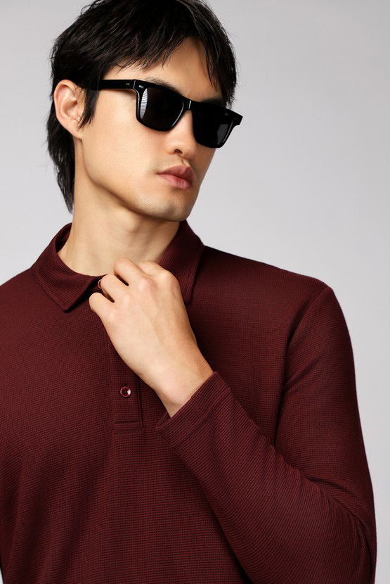 Erkek Giyim - Polo Yaka Slim Fit Dar Kesim Desenli Sweatshirt