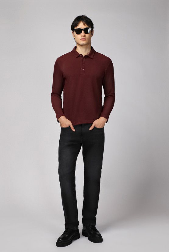 Erkek Giyim - Polo Yaka Slim Fit Dar Kesim Desenli Sweatshirt