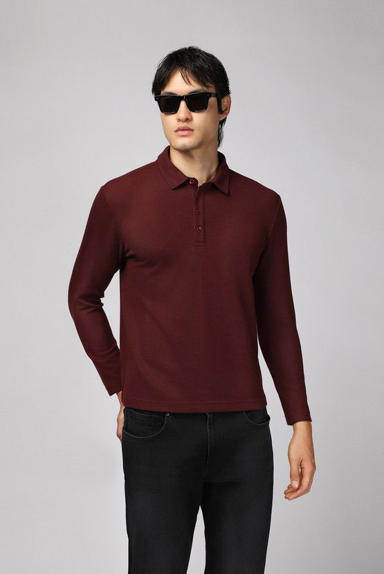Erkek Giyim - Polo Yaka Slim Fit Dar Kesim Desenli Sweatshirt