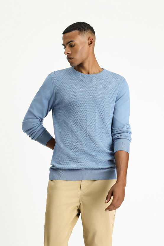 Erkek Giyim - Bisiklet Yaka Slim Fit Dar Kesim Desenli Pamuklu Triko Kazak