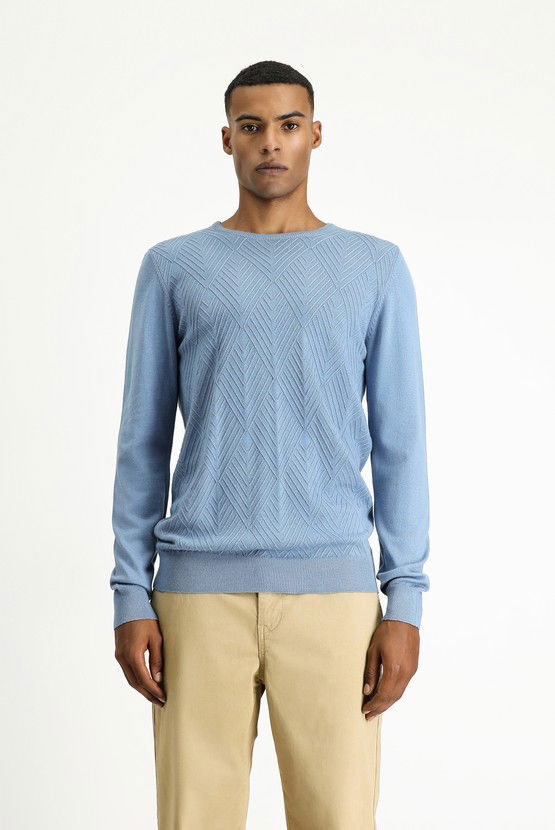 Erkek Giyim - Bisiklet Yaka Slim Fit Dar Kesim Desenli Pamuklu Triko Kazak