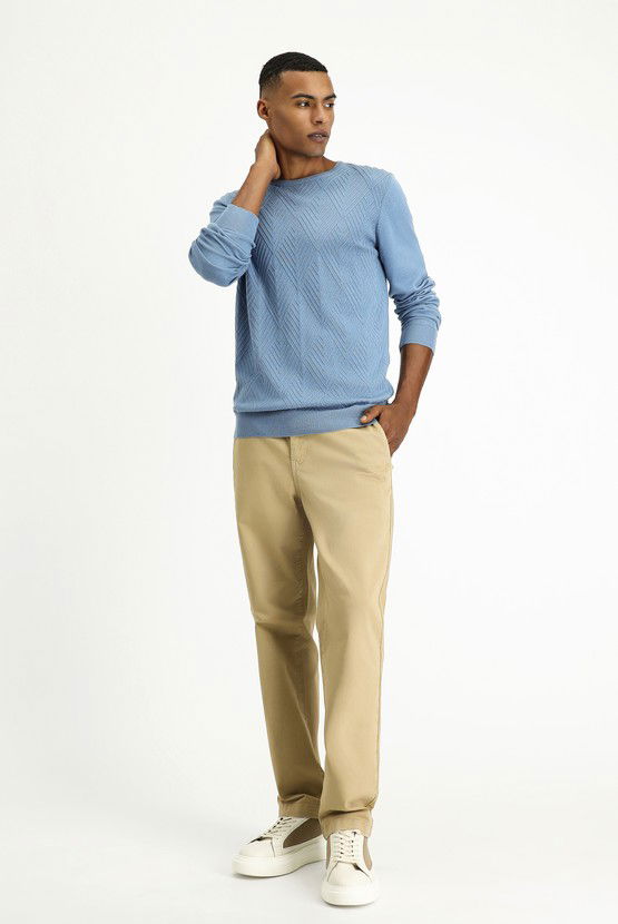 Erkek Giyim - Bisiklet Yaka Slim Fit Dar Kesim Desenli Pamuklu Triko Kazak