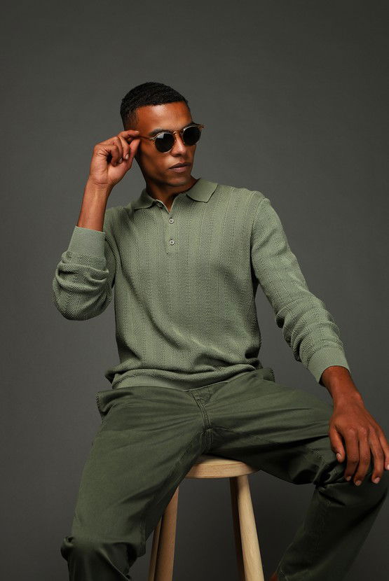 Erkek Giyim - Polo Yaka Slim Fit Dar Kesim Desenli Pamuklu Triko Kazak