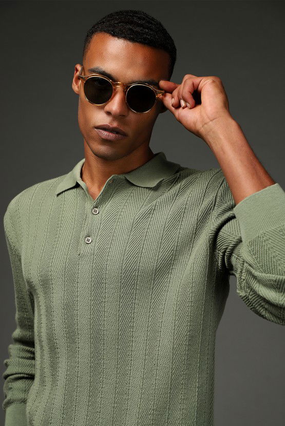 Erkek Giyim - Polo Yaka Slim Fit Dar Kesim Desenli Pamuklu Triko Kazak