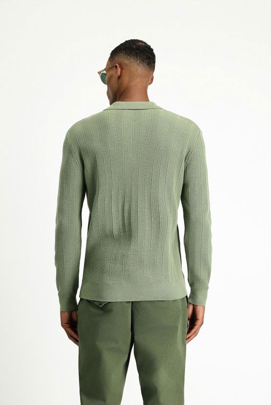 Erkek Giyim - Polo Yaka Slim Fit Dar Kesim Desenli Pamuklu Triko Kazak
