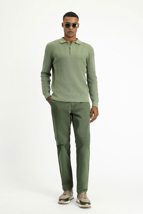 Erkek Giyim - Polo Yaka Slim Fit Dar Kesim Desenli Pamuklu Triko Kazak