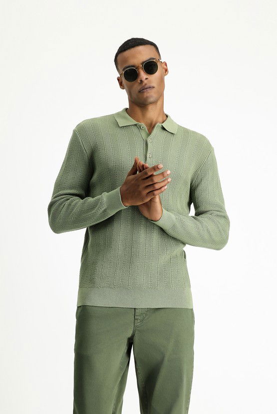 Erkek Giyim - Polo Yaka Slim Fit Dar Kesim Desenli Pamuklu Triko Kazak