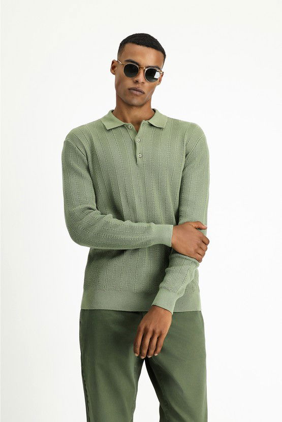Erkek Giyim - Polo Yaka Slim Fit Dar Kesim Desenli Pamuklu Triko Kazak