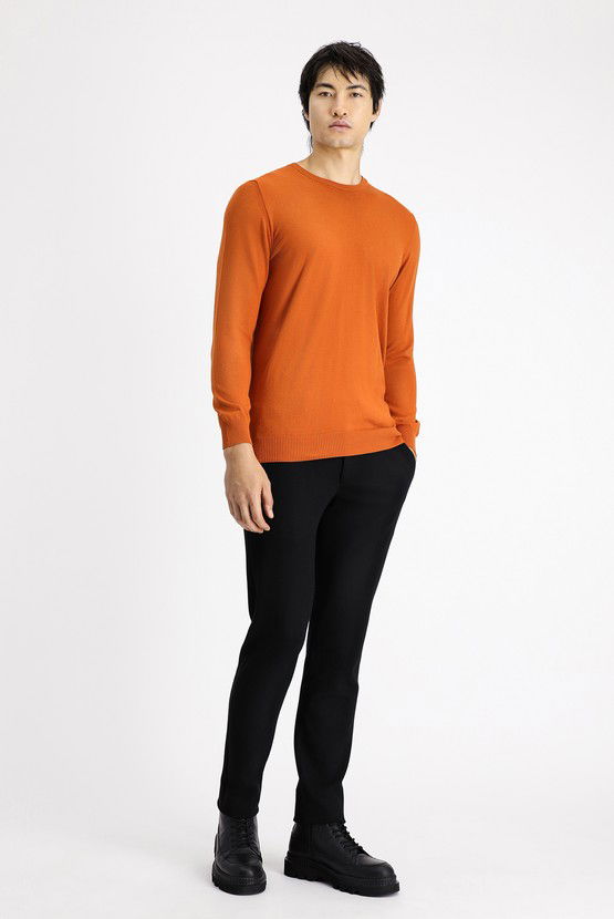 Erkek Giyim - Bisiklet Yaka Slim Fit Dar Kesim Pamuklu Triko Kazak