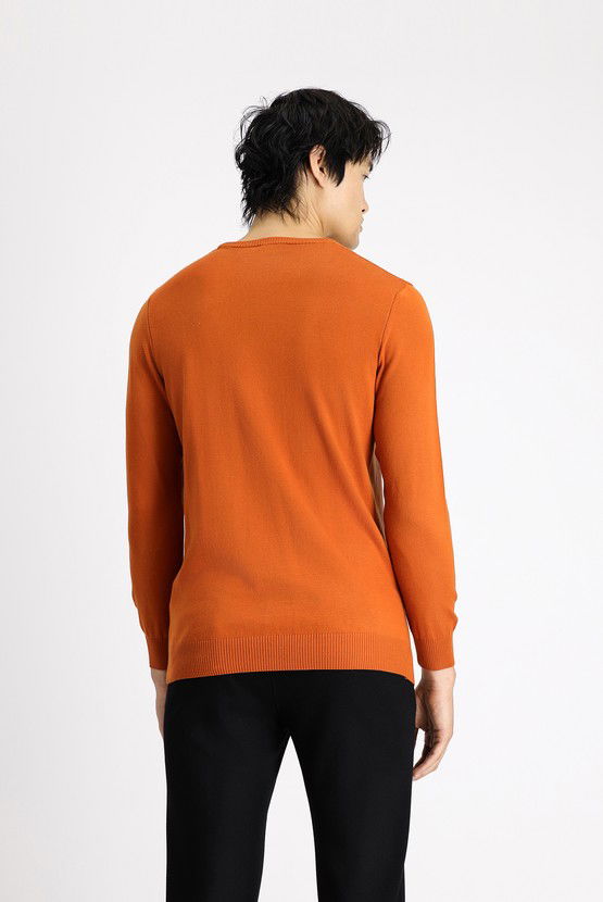Erkek Giyim - Bisiklet Yaka Slim Fit Dar Kesim Pamuklu Triko Kazak