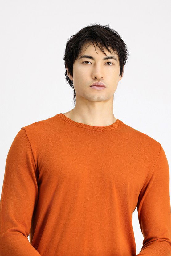 Erkek Giyim - Bisiklet Yaka Slim Fit Dar Kesim Pamuklu Triko Kazak