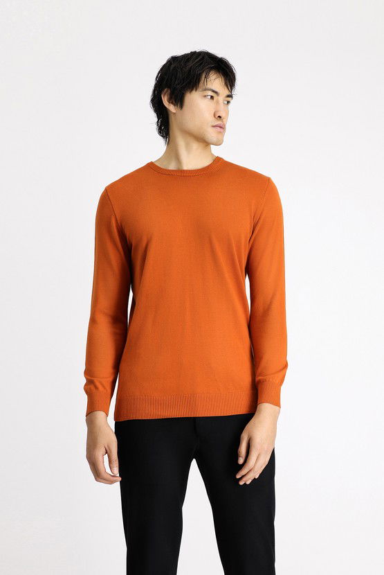 Erkek Giyim - Bisiklet Yaka Slim Fit Dar Kesim Pamuklu Triko Kazak