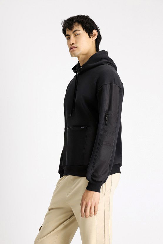 Erkek Giyim - Kapüşonlu Oversize Fermuarlı Pamuklu Sweatshirt