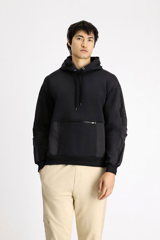 Erkek Giyim - Kapüşonlu Oversize Fermuarlı Pamuklu Sweatshirt