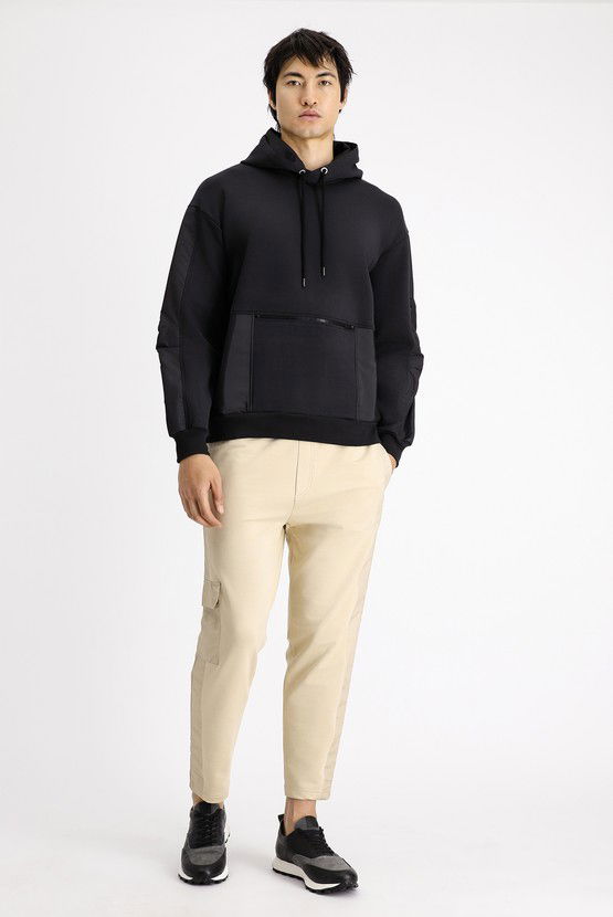 Erkek Giyim - Kapüşonlu Oversize Fermuarlı Pamuklu Sweatshirt