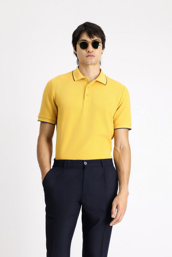 Erkek Giyim - Regular Fit Desenli Likralı Polo Yaka Tişört
