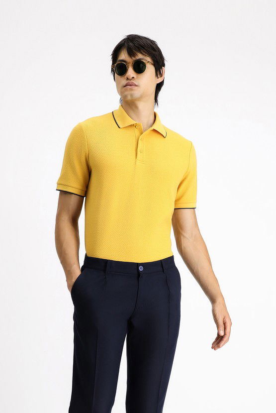 Erkek Giyim - Regular Fit Desenli Likralı Polo Yaka Tişört
