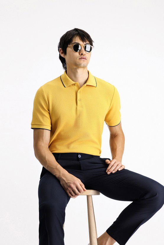 Erkek Giyim - Regular Fit Desenli Likralı Polo Yaka Tişört