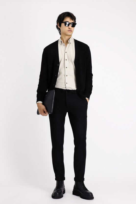 Erkek Giyim - Slim Fit Dar Kesim Beli Lastikli İpli Likralı Klasik Kumaş Pantolon