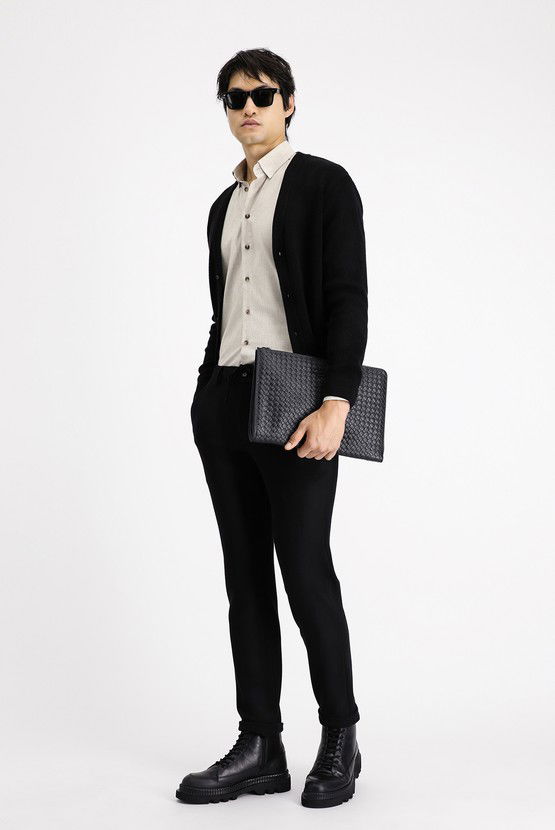 Erkek Giyim - Slim Fit Dar Kesim Beli Lastikli İpli Likralı Klasik Kumaş Pantolon