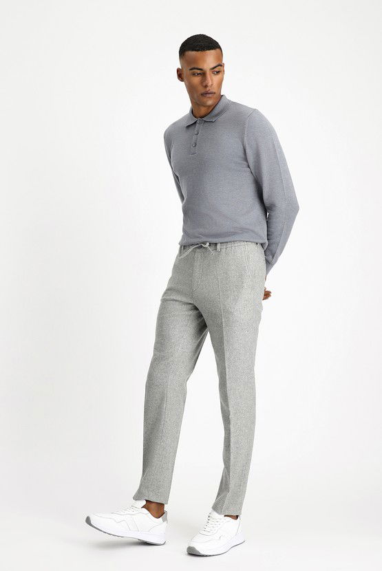 Erkek Giyim - Slim Fit Dar Kesim Yünlü Beli Lastikli İpli Klasik Pantolon