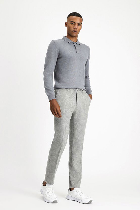 Erkek Giyim - Slim Fit Dar Kesim Yünlü Beli Lastikli İpli Klasik Pantolon