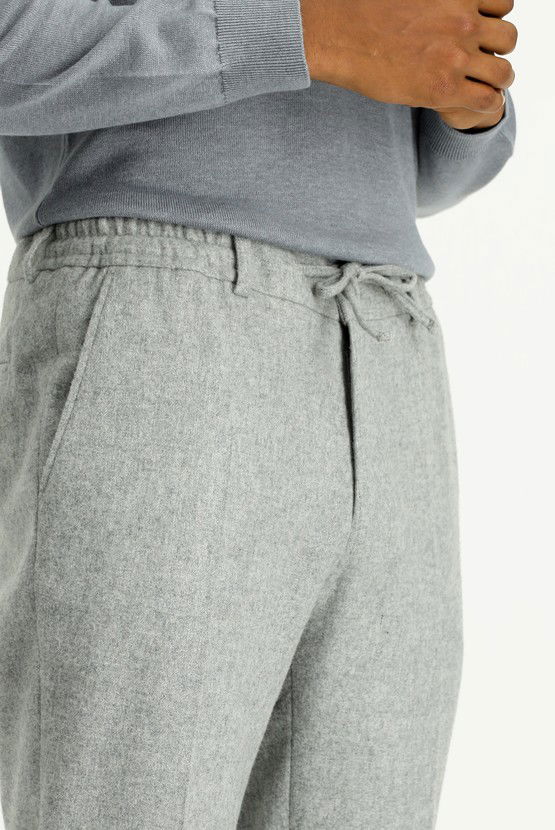 Erkek Giyim - Slim Fit Dar Kesim Yünlü Beli Lastikli İpli Klasik Pantolon