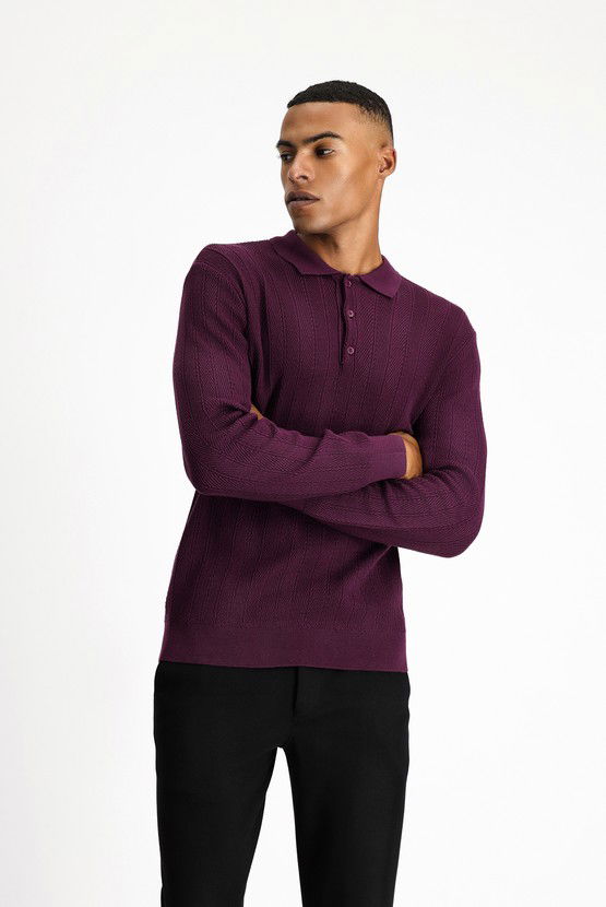 Erkek Giyim - Polo Yaka Slim Fit Dar Kesim Desenli Pamuklu Triko Kazak