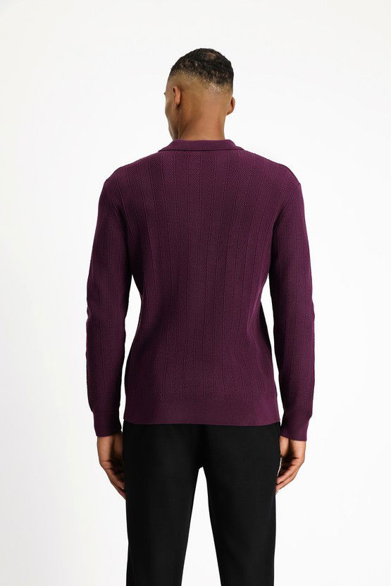 Erkek Giyim - Polo Yaka Slim Fit Dar Kesim Desenli Pamuklu Triko Kazak