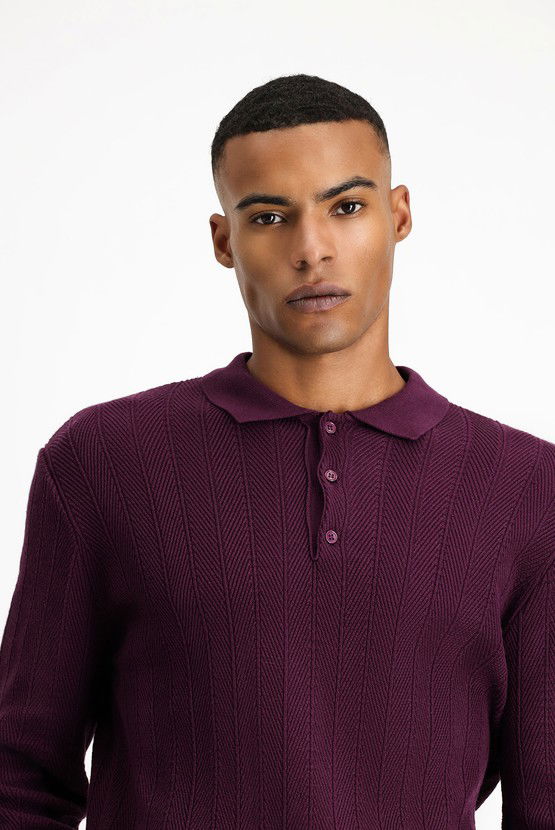 Erkek Giyim - Polo Yaka Slim Fit Dar Kesim Desenli Pamuklu Triko Kazak