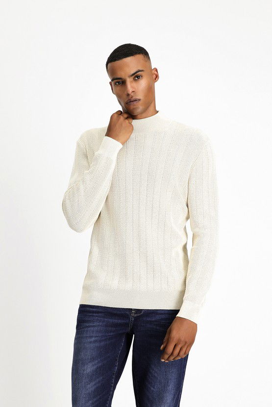 Erkek Giyim - Bato Yaka Slim Fit Dar Kesim Desenli Pamuklu Triko Kazak