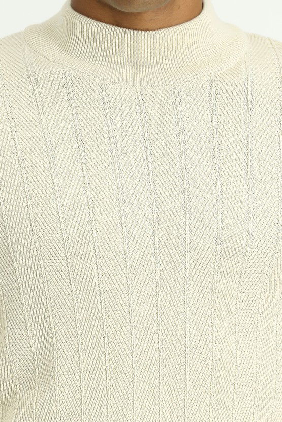 Erkek Giyim - Bato Yaka Slim Fit Dar Kesim Desenli Pamuklu Triko Kazak