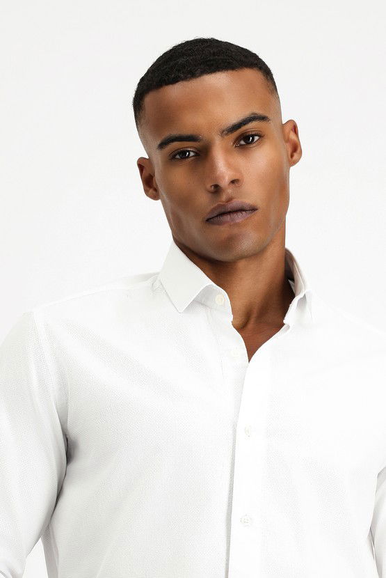 Erkek Giyim - Uzun Kol Slim Fit Dar Kesim Non Iron Desenli Klasik Pamuk Gömlek